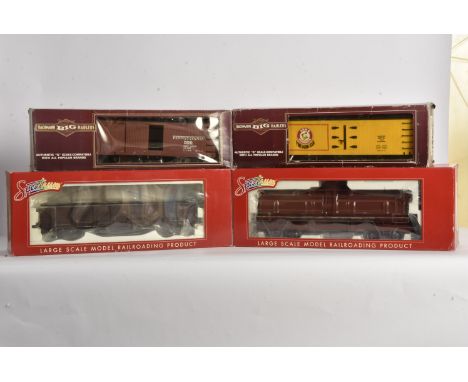 Boxed US-type G Scale Freight Stock by Spectrum and Bachmann, one Spectrum 'LS' frameless bogie tank car in oxide red, and 'L