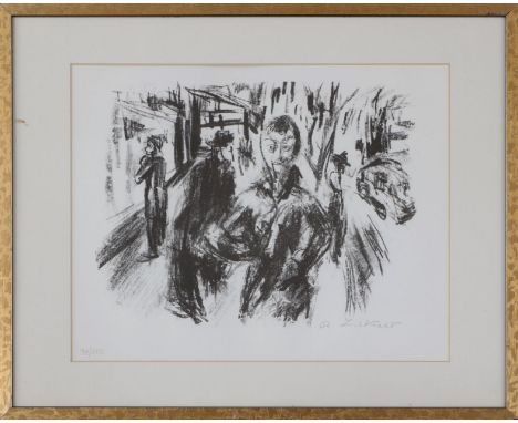 Lithografie, ¨Straßenszene mit Fußgängern, Schaufensterbummlern und Autos¨, unten rechts handsigniert ¨R. Liebknecht¨, Ex. 71