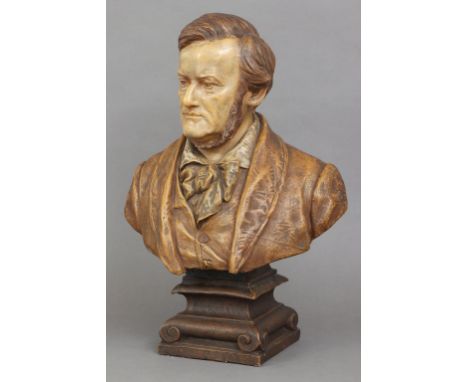 beige-braun patinierte Büste des deutschen Komponisten, verso signiert ¨Friedrich Goldscheider, Wien¨ und gestempelt ¨Reprodu
