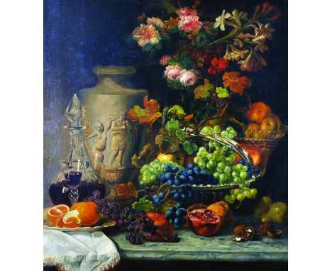 Attributed to George Lance (1802-1864) British. Still Life of Flowers in a Wicker Basket, Fruit in a Silver Bowl on a Marble 