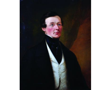 19th Century English School. Portrait of a Man, wearing a black coat with a white waistcoat, Oil on Canvas, Unframed, 30.5" x
