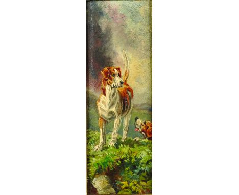 A... K... K... (19th Century) European. Hounds in a Landscape, Oil on Panel, Signed with Initials and Dated 'Nov '85', 9" x 3