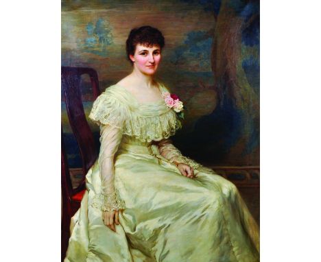 Hugh Goldwin Riviere (1869-1956) British. Portrait of a Seated Lady, Dressed in White, with a Landscape beyond, Oil on Canvas
