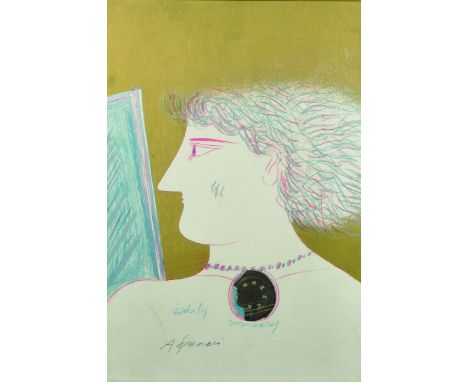 Alekos Fassianos (1935-   ) Greek. Head Study of a Man, Coloured Lithograph, Signed in Pencil, 18.5" x 12.75".