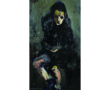 Vasyl Khmeluk (1903-1986) Russian. 'Portrait of a Child', Seated in an Interior, Oil on Board, Signed, and Inscribed on a lab
