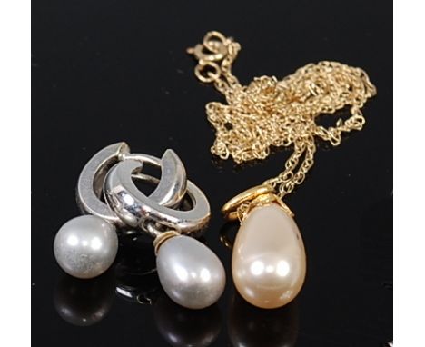 A pair of modern 9ct white gold and cultured pearl hoop ear studs, 2.2cm; together with a faux pearl pendant on 9ct gold fine