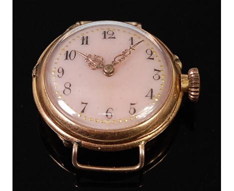A Continental ladies 18ct gold wristwatch, having convex pink enamel dial with Arabic numerals, manual wind jeweled movement,