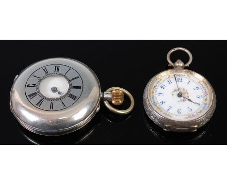 A circa 1900 Continental silver cased gents half hunter pocket watch, the white enamel dial (hairline) with subsidiary second