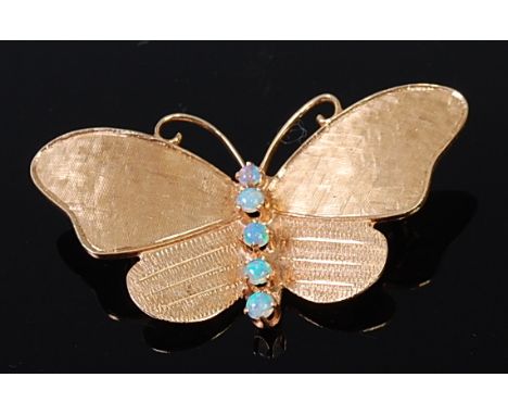 A contemporary 14ct gold and opal set butterfly brooch, 11.8g, width 5cm