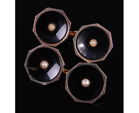 A pair of gents 9ct gold, black onyx and seed pearl set cufflinks, each of octagonal form, gross weight 4.8g