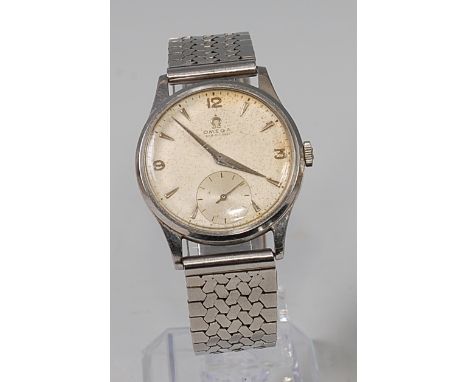 A gents Omega steel cased Fab Swiss wrist watch having a signed silvered dial, subsidiary seconds dial, Arabic quarter numera