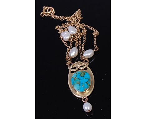 An Art Nouveau yellow metal and turquoise set pendant, with seed pearl drop, on finelink chain dispersed with four natural pe