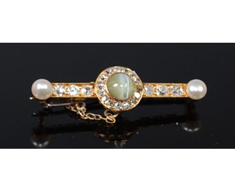 An 18ct gold, diamond, chrysoberyl cat's eye and cultured pearl set bar brooch, with safety chain, the central bar set with s