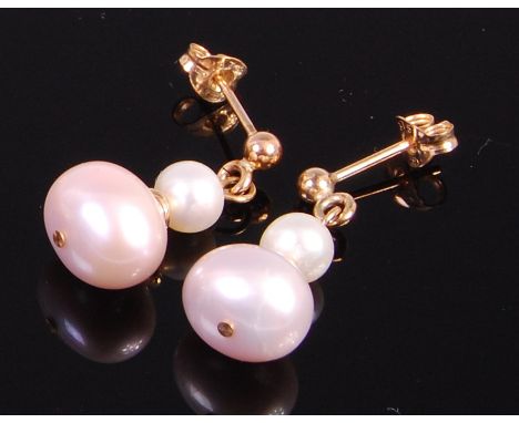 A pair of yellow metal and cultured pearl two-tier ear pendants, 2cm