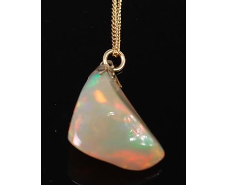 A polished opal pendant, weighing approx 11ct, on 14ct gold finelink neck chain, pendent h.2cm
