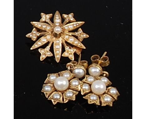 A pair of 9ct gold and seed pearl set flower head ear pendants, dia. 1.4cm; together with a yellow metal and seed pearl set f