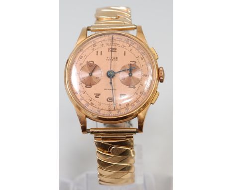 A gents Titus Geneve 18ct gold cased chronograph, having signed dial with fine outer scale, telemeter scale, and twin subsidi