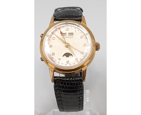 A gents Movado gold plated and stainless steel calendar wristwatch, having signed silvered dial with Arabic numerals, fine ou