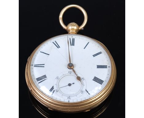 A mid-Victorian 18ct gold cased gents open faced pocket watch, having unsigned white enamel dial (hairlines), subsidiary seco