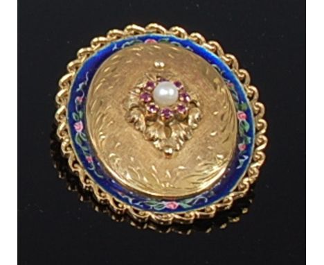 An Eastern 18ct gold and enamelled pendant, of oval form, the centre set with a cultured pearl within a surround of small rub