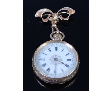 A Continental ladies 14ct gold open faced pocket watch, having jewelled white enamel dial, finely engraved case, and keyless 