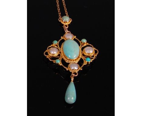 A 9ct gold, turquoise and split pearl set openwork pendant, 11.6g, 8cm, on gilt metal neck chain