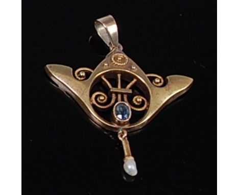 A German Art Nouveau yellow metal pendant, set with a small blue topaz and seed pearl drop, stamped 85, tests as approx 18ct,