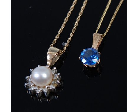 A 9ct gold and cultured pearl set flower head pendant, on finelink neck chain; together with a faux sapphire pendant on 9ct g