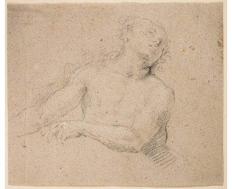 Andrea Sacchi (c.1599-1661), Follower of.Study of the head and torso of a male nudeBlack chalk, heightened with white, on gre