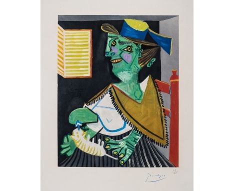 ** Pablo Picasso (1881-1973) after.Femme Verte au ChatCollotype printed in colours, 1955-8, signed in blue crayon, numbered f