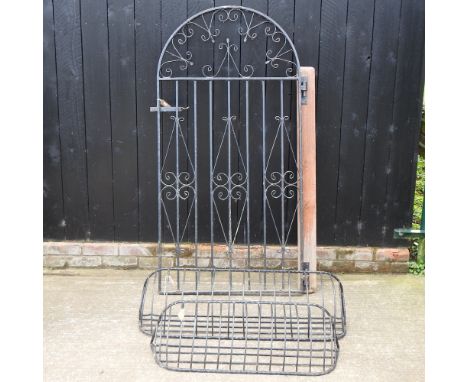 A wrought iron garden gate, 167 x 84cm, together with a pair of wall mounted troughs