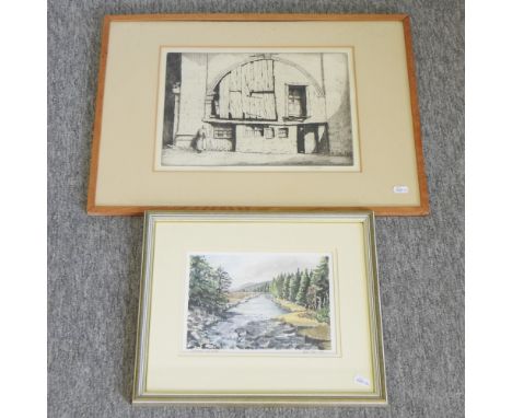 Martin Hardie, architectural etching, signed, 24 x 34cm, together with Moira Orton, river landscape, watercolour