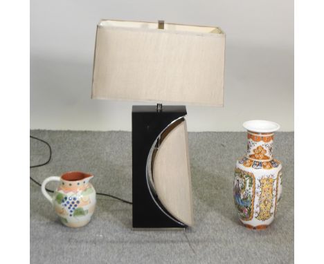 A modern table lamp and shade 77cm high, together with a Chinese vase and a continental jug, 42cm high