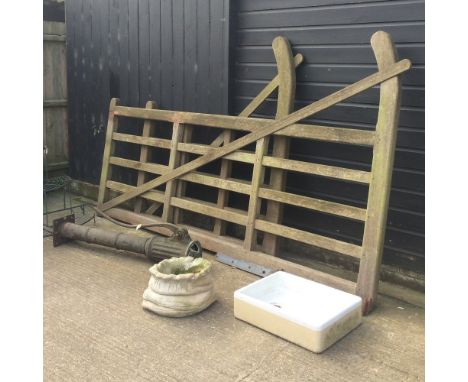 A wooden five bar gate, 300cm, together with another, 162cm and metal fittings