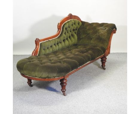 A Victorian green upholstered button back chaise longue, 190cm