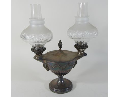 A Mappin and Webb silver plated twin oil lamp, with frosted and cut glass shades, the lamp of half fluted urn shape, relief d