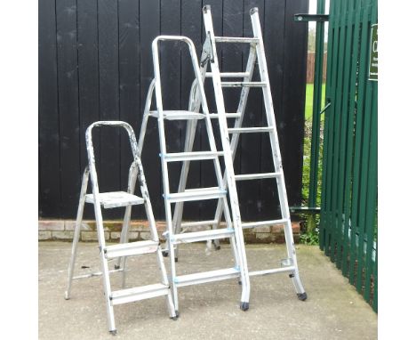 An aluminium step ladder, together with two others, highest 175cm