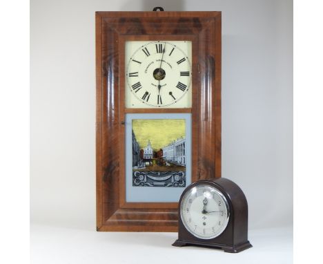 An early 20th century American mahogany cased shelf clock, 73cm high, together with an early 20th century mantel clock and an