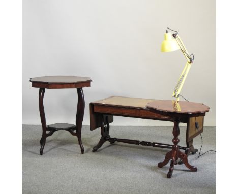 A sofa table, with a leather inset top, together with an Edwardian occasional table, a tripod table and an angle-poise lamp (