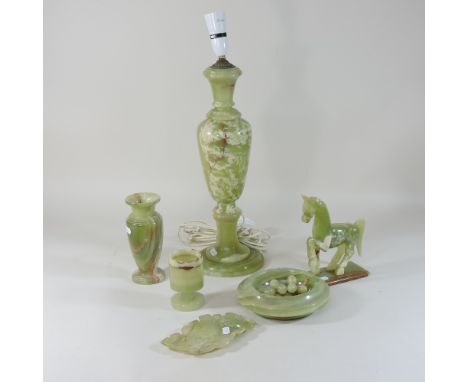 Two boxes of china and onyx items, to include a table lamp, 54cm high