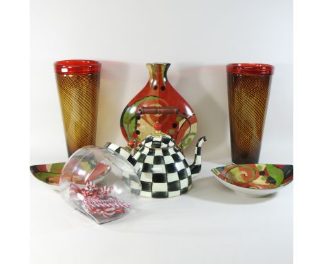 A Mackenzie-Childs teapot and cookie jar, together with a studio pottery vase and plates and a pair of glass vases, 40cm high