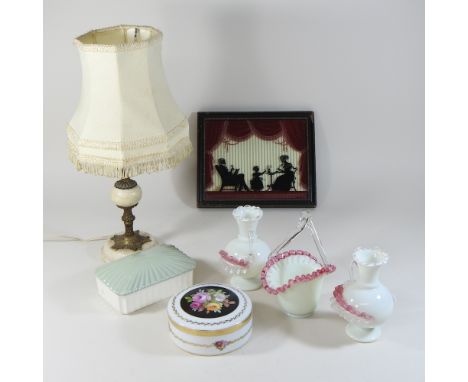 A box of ceramics and other items, to include a polished stone table lamp and a Victorian silhouette