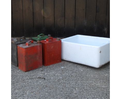 A Belfast ceramic butler's sink, 61cm, together with a collection of vintage petrol cans