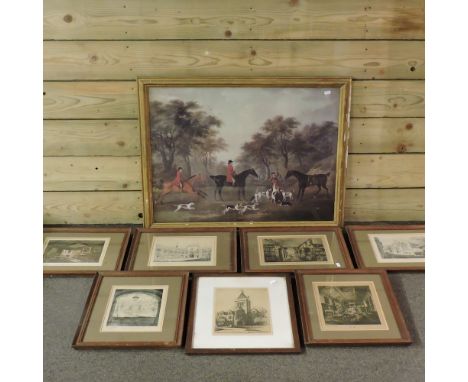 Ed Burrow, The Tower, Taunton School, etching, 27 x 19cm, together with a set of six other pictures and a hunting print (8)