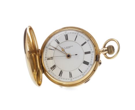 EIGHTEEN CARAT GOLD FULL HUNTER KEYLESS WIND REPEATER POCKET WATCH, the round white enamel dial signed M. J. Russell London, 