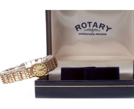 LADY'S ROTARY NINE CARAT GOLD MANUAL WIND WRIST WATCH, signed Rotary movement, the oval gold coloured dial with applied black
