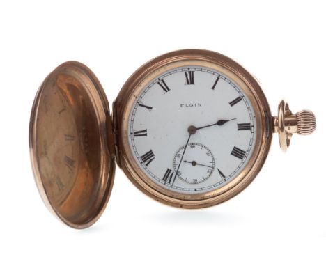 ELGIN NINE CARAT GOLD FULL HUNTER KEYLESS WIND POCKET WATCH, signed Elgin movement, the round white enamel dial with Roman nu