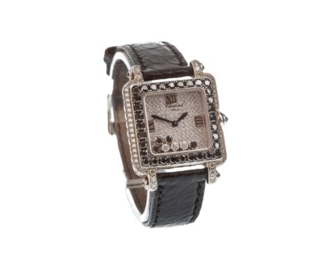 LADY'S CHOPARD HAPPY SPORT BLACK AND WHITE DIAMOND SET QUARTZ WRIST WATCH, the square dial with pave set white diamonds, with