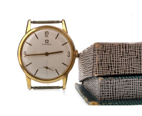 GENTLEMAN'S OMEGA GOLD PLATED MANUAL WIND WRIST WATCH, signed Omega movement, the round dial with applied gold coloured baton