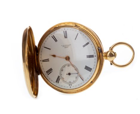 EIGHTEEN CARAT GOLD FULL HUNTER KEY WIND POCKET WATCH, the round white enamel dial signed G. E. Mylne, with Roman numerals in